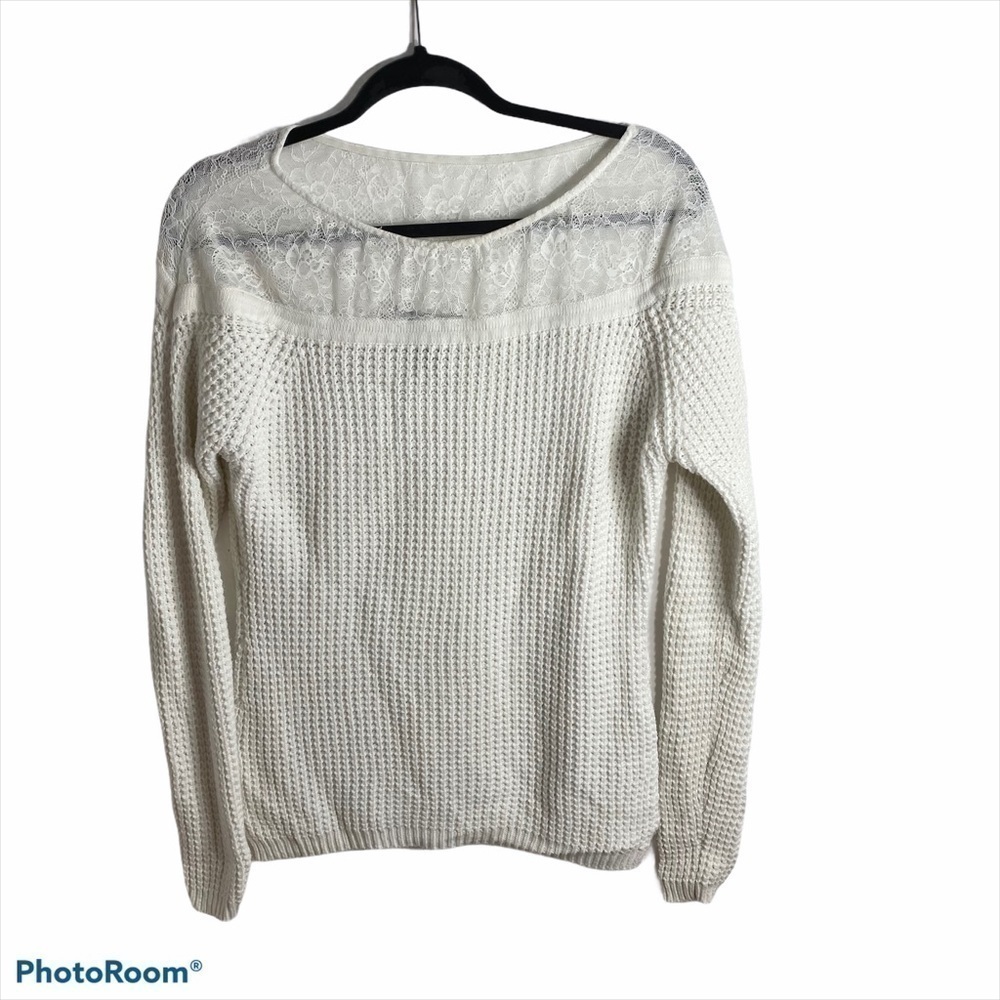 Etcetera White Sweater Large Lace Waffle Knit